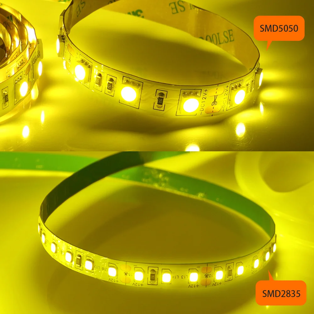 New LED Lemon Yellow Light Strip Super Bright 2835 5050 12V DC 5m Flexible LED Lamp 60LED/m  120LED/m Adhesive Tape Home Decor