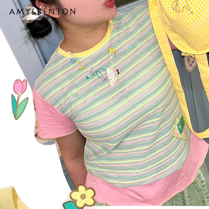 

Japanese New Colorful Striped Splicing Short Sleeve Women's Top Original Design Sweet Cute Versatile Youthful T-Shirts Ladies
