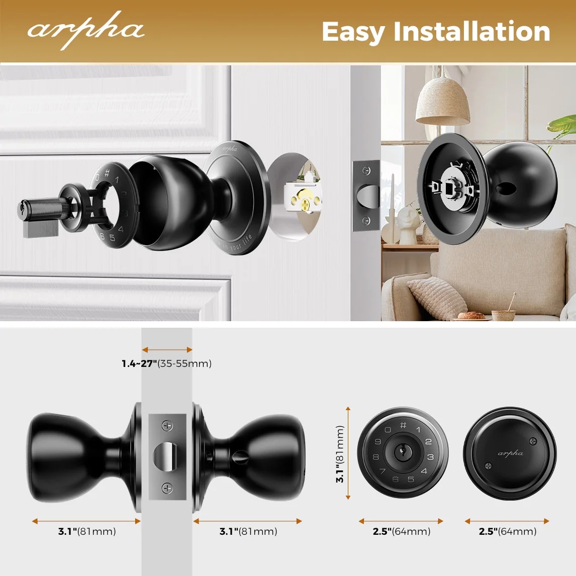Arpha Smart Lock D260 Smart Fingerprint Door Knob with App Control Keyless Entry Door Lock with Keypad Anti-Peeping Password