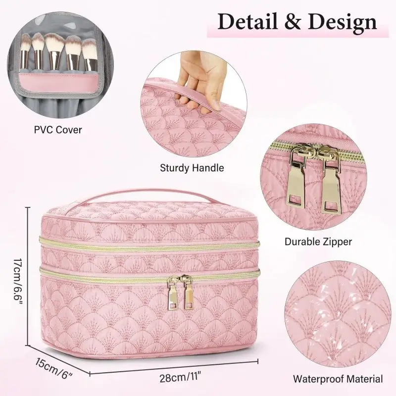 WomenS Large Capacity Makeup Brush Storage Bag Portable Travel Toiletry Bag Multi-Functional Double-Layer Makeup Bag