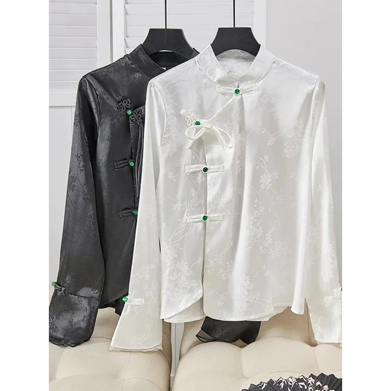 

Women Shirt Jacquard Vintage Chinese Style Tops Long Sleeve Button Decor Shirts Spring 2025 New Elegant Casual Female Top