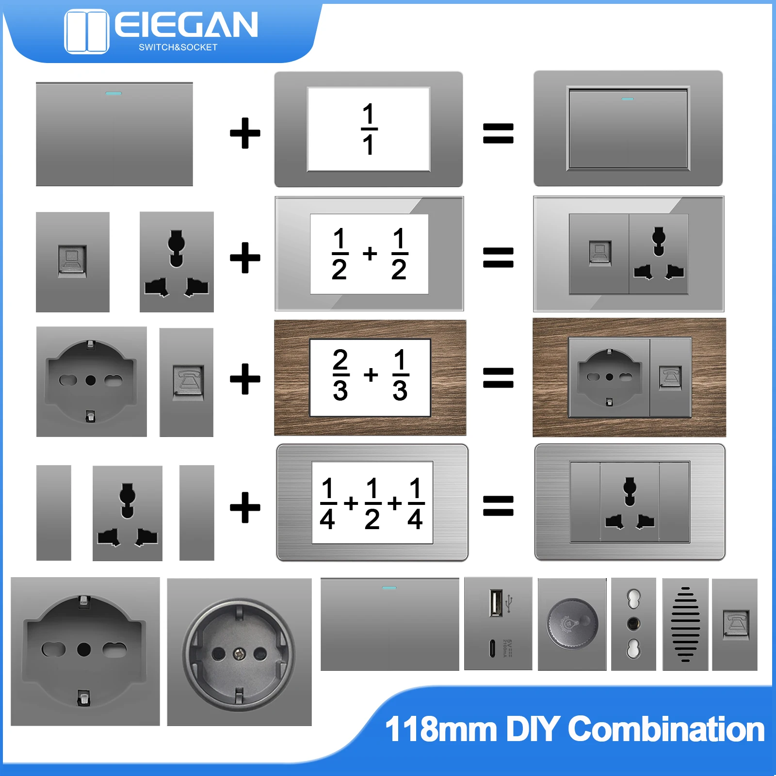 

ELEGAN 1/3 2/3 1/2 1/4 DIY Module Italian EU Schuko Socket Grey board 20W USB Type C Doorbell Switch Curtain Phone CAT5 TV SAT