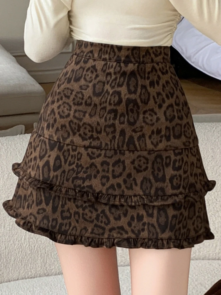 여성용 가을 겨울 하이웨이스트 A라인 스커트 백 지퍼 바디콘 케이크 스커트 패셔너블 레오파드 프린트 러플 숏 스커트