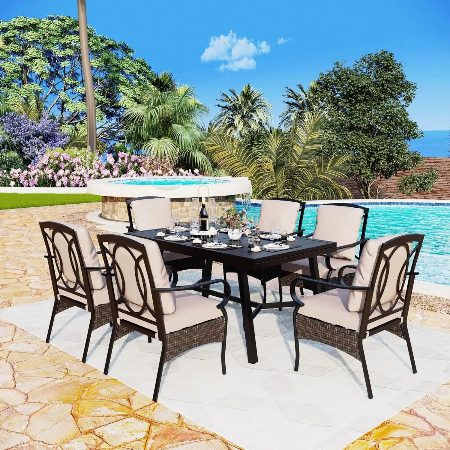 Juego de mesa de patio de 7 piezas con juego de mesa de metal expandible, juego de mesa de patio con 6 sillas de comedor de ratán y patas de metal