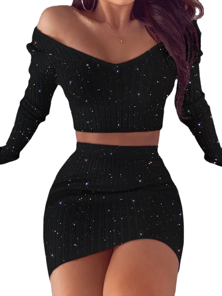 Women Dress Sets Casual Sexy Off Shoulder Long Sleeve Summer New Bodycon Sexy Sequin Mini Dresses