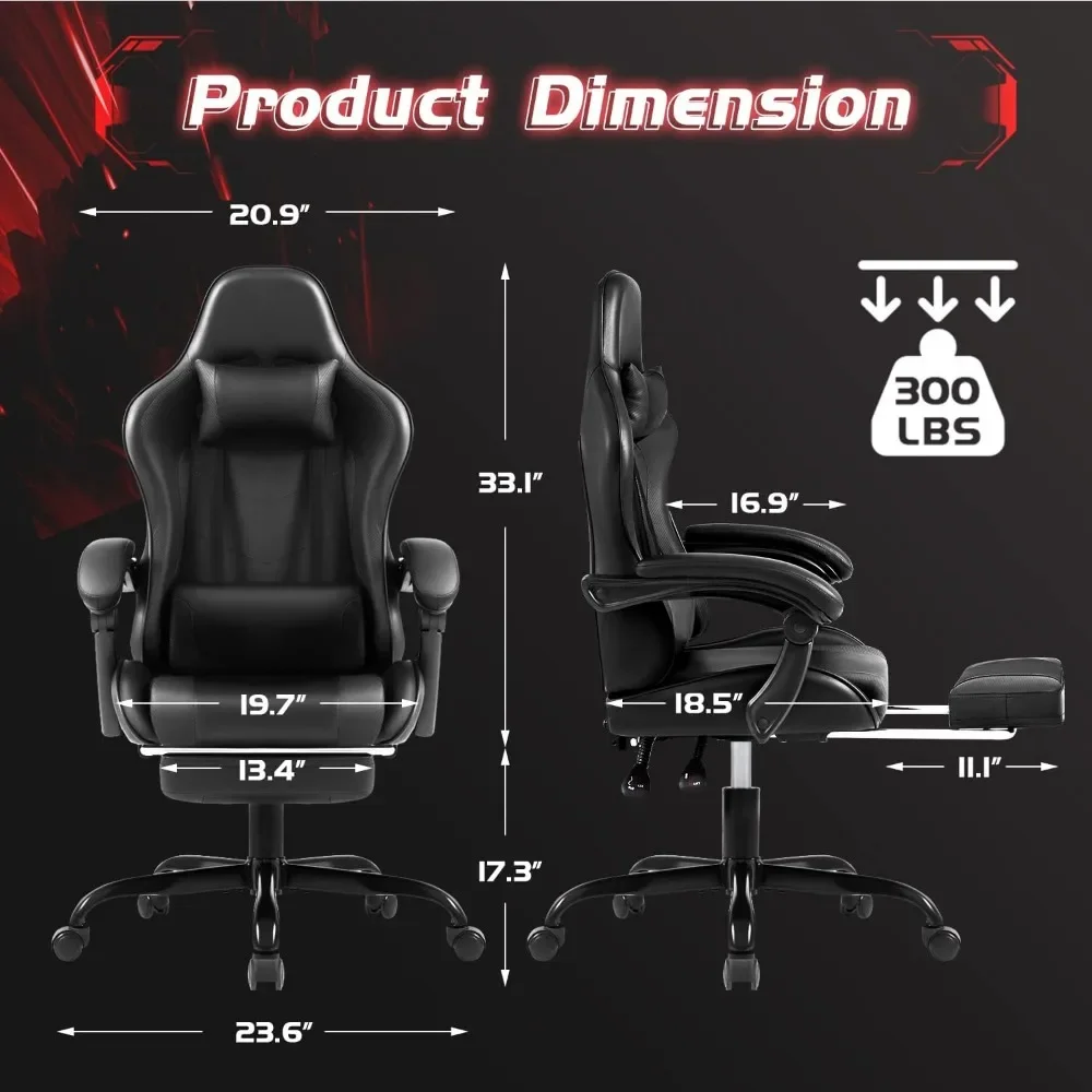 Silla Gaming con reposapiés y soporte Lumbar de masaje, Asiento de Carreras de vídeo, altura ajustable con giratorio de 360 ° y reposacabezas, negro