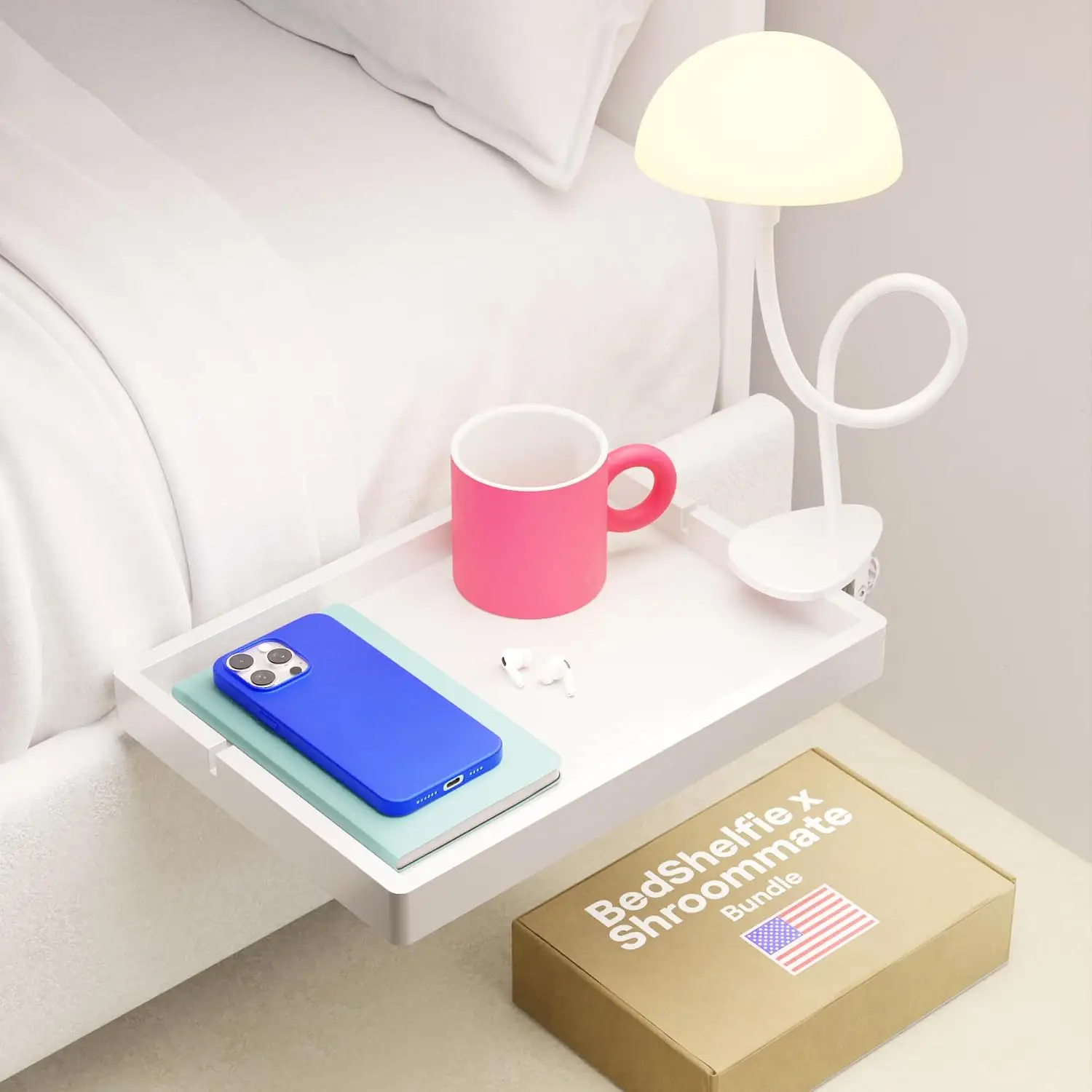 BedShelfie 2-Pack: Shroommate & Flexfit - Clip On Light and Bedside Shelf for Bunk Bed & Top Bunk, College Dorm Room Essentials,