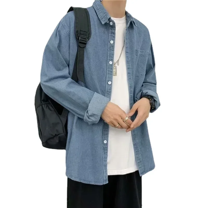Korean Fashion Men's Denim Shirt Harajuku Long Sleeved Casual Baggy Shirt Men's Jacket Coat Y2k Men Clothing Japan Streetwear