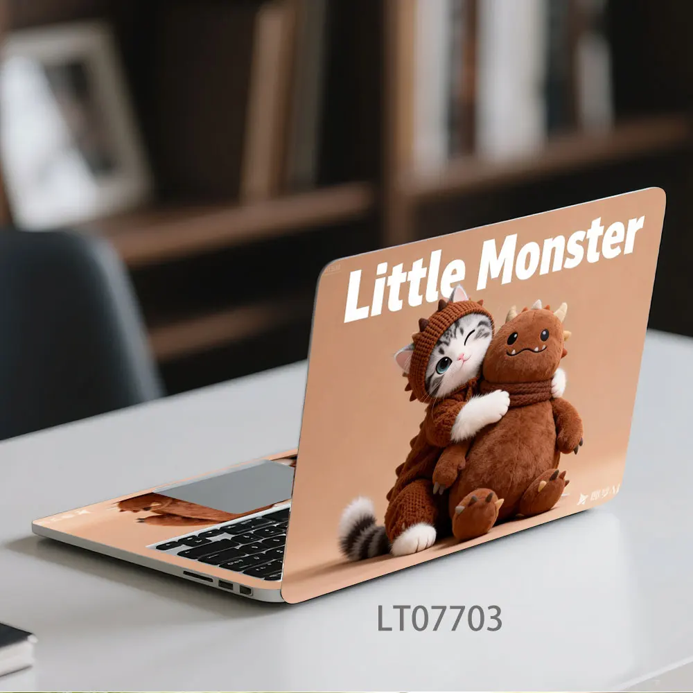 2PCS Cute Coffee Cat Laptop Skin Sticker, Retro Cartoon Velvet Latte Logo Decal Cover for Macbook HP Dell Lenovo
