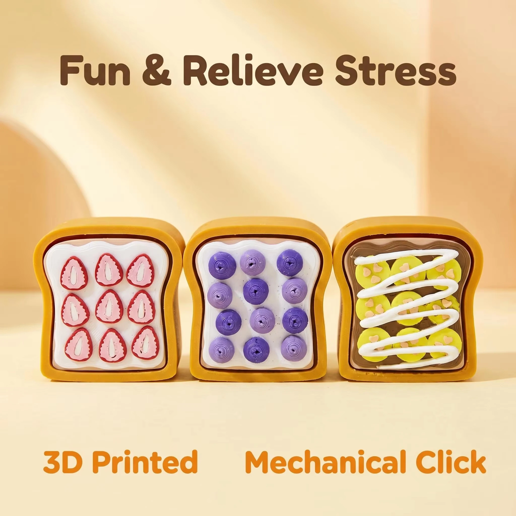 Anti-stress 3D Printed Sweet Toast Press Button Fidget Keychain Food Shape Stress Relief Anti Anxiety Key Ring Backpack Pendant