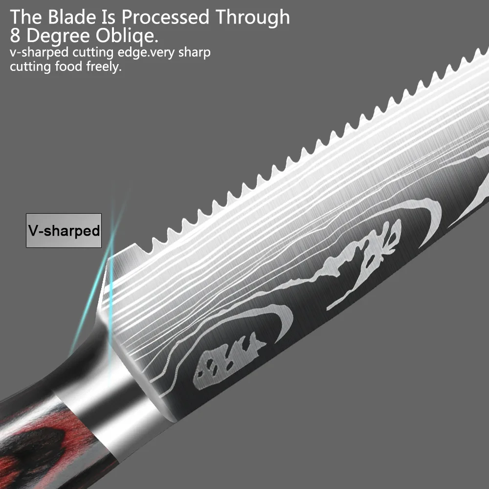 2/4/6/8-P صلابة عالية 4.5 "نمط الليزر دمشق ستيك طقم السكاكين المطبخ الفولاذ المقاوم للصدأ مع مقبض خشبي شوكة عالية الجودة #3
