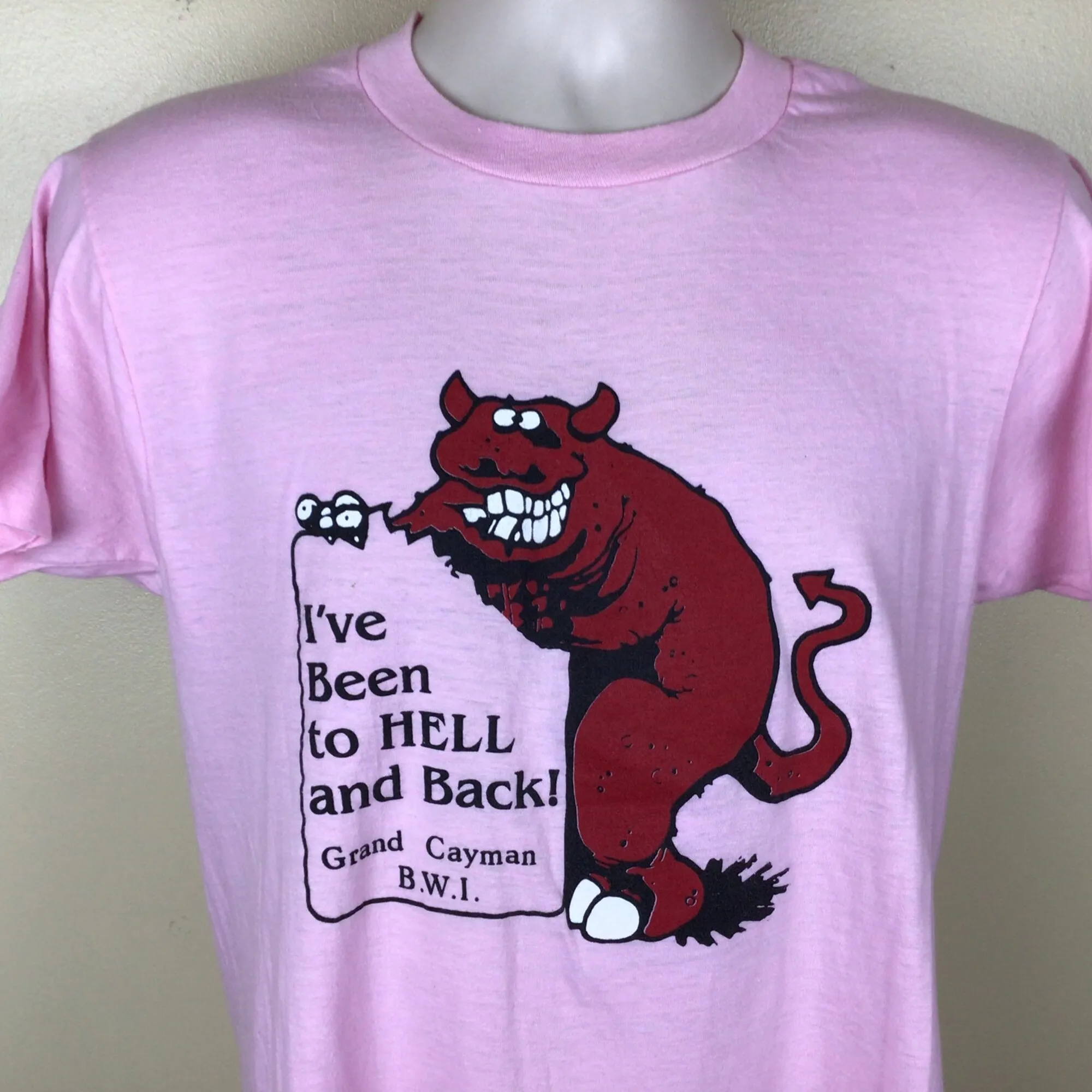 Vtg 80s Hell Grand Cayman BWI TShirt Pink M/L Screen Stars Destination Tourism Devil