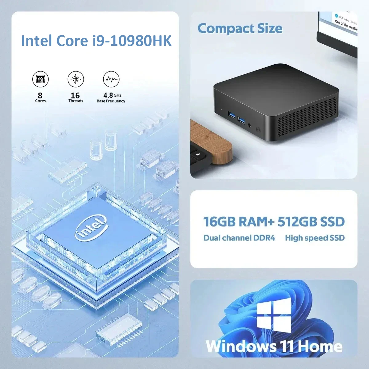 2026 New Windows 11 Intel I9-10980HK Office/home Use Desktop Computer BT5.2 Mini PC 16/32GB RAM 2TB SSD Portable Gaming Mini PC