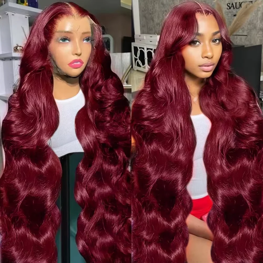 

99J Burgundy 36 44 Inch Red Colored Straight Human Hair 200% Density Human Hair Wigs 13X4 13x6 HD Lace Frontal Wigs For Party
