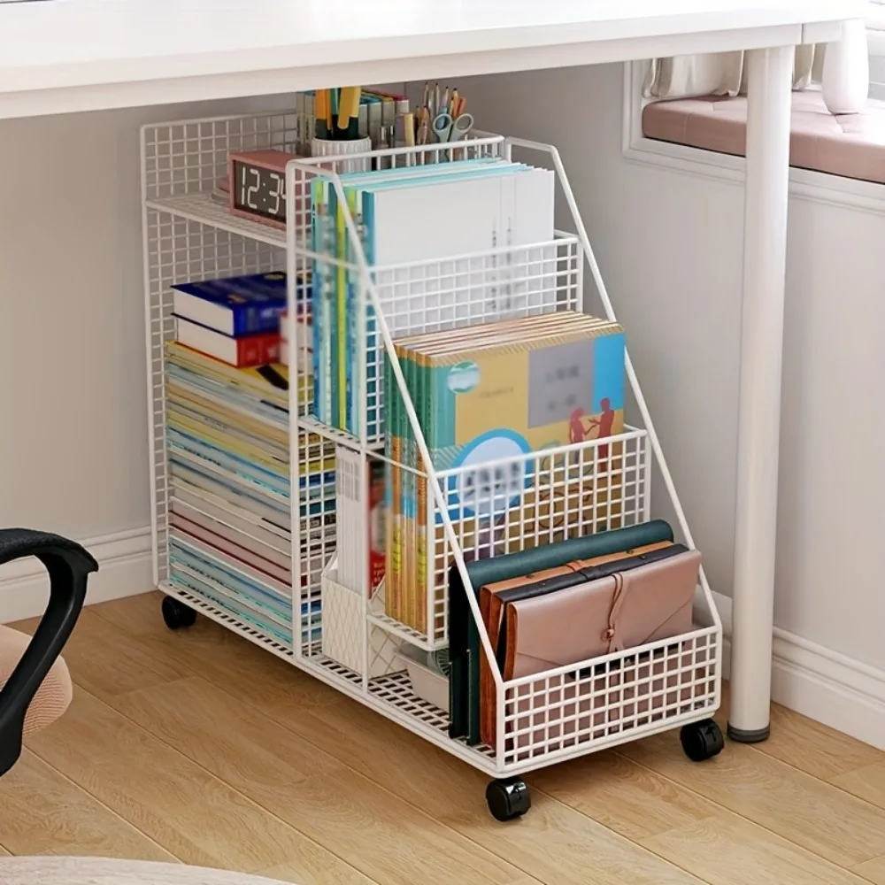 Bookcase Trolley Moveable Underdesk Scroll Bookshelf Household Office Simple Metal File Organizer Multifunctional Storage Cart