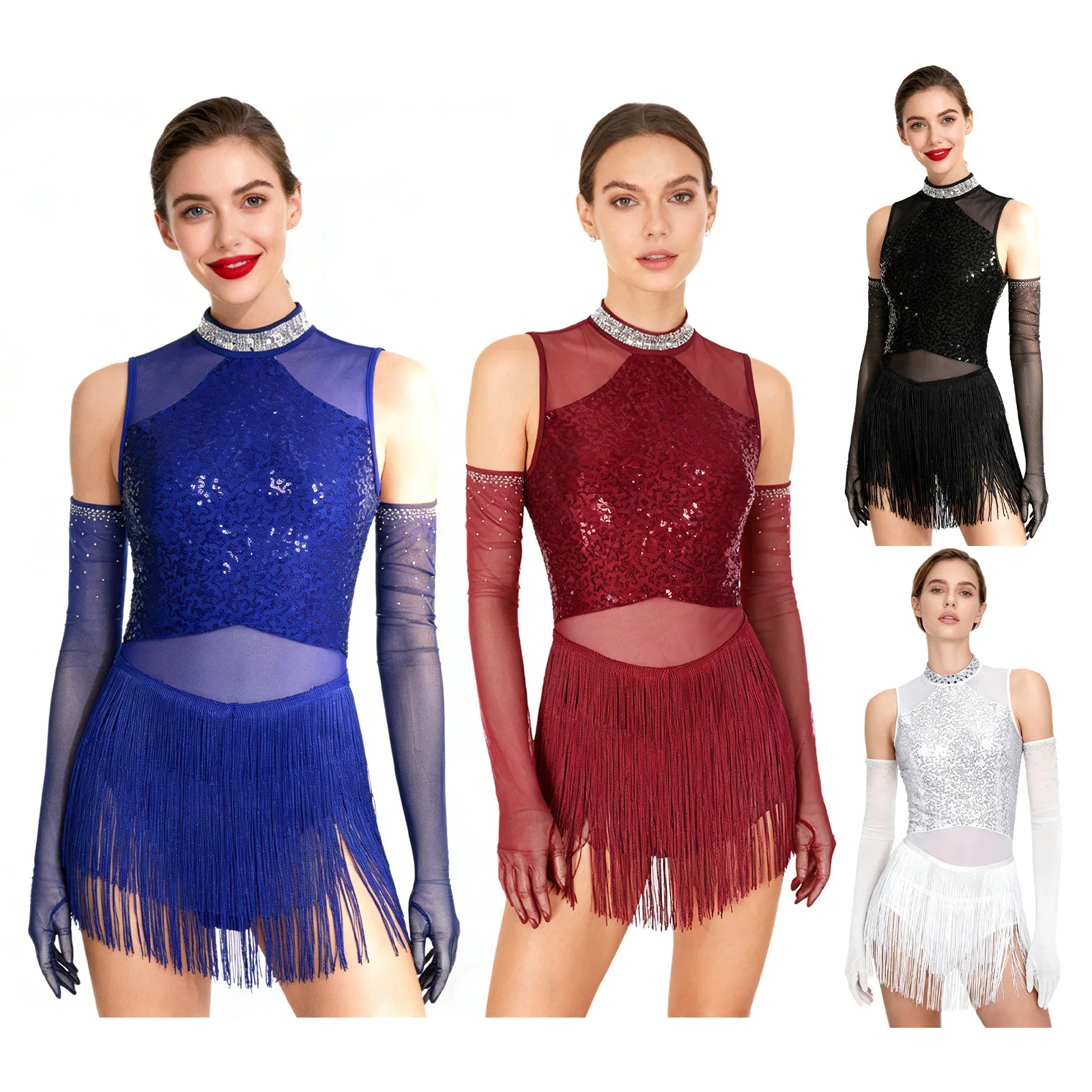 

Women Latin Tango Rumba Cha-Cha Samba Dresses Performance Costume Outfit Sequined Mesh Patchwork Fringe Dance Dress with Gloves