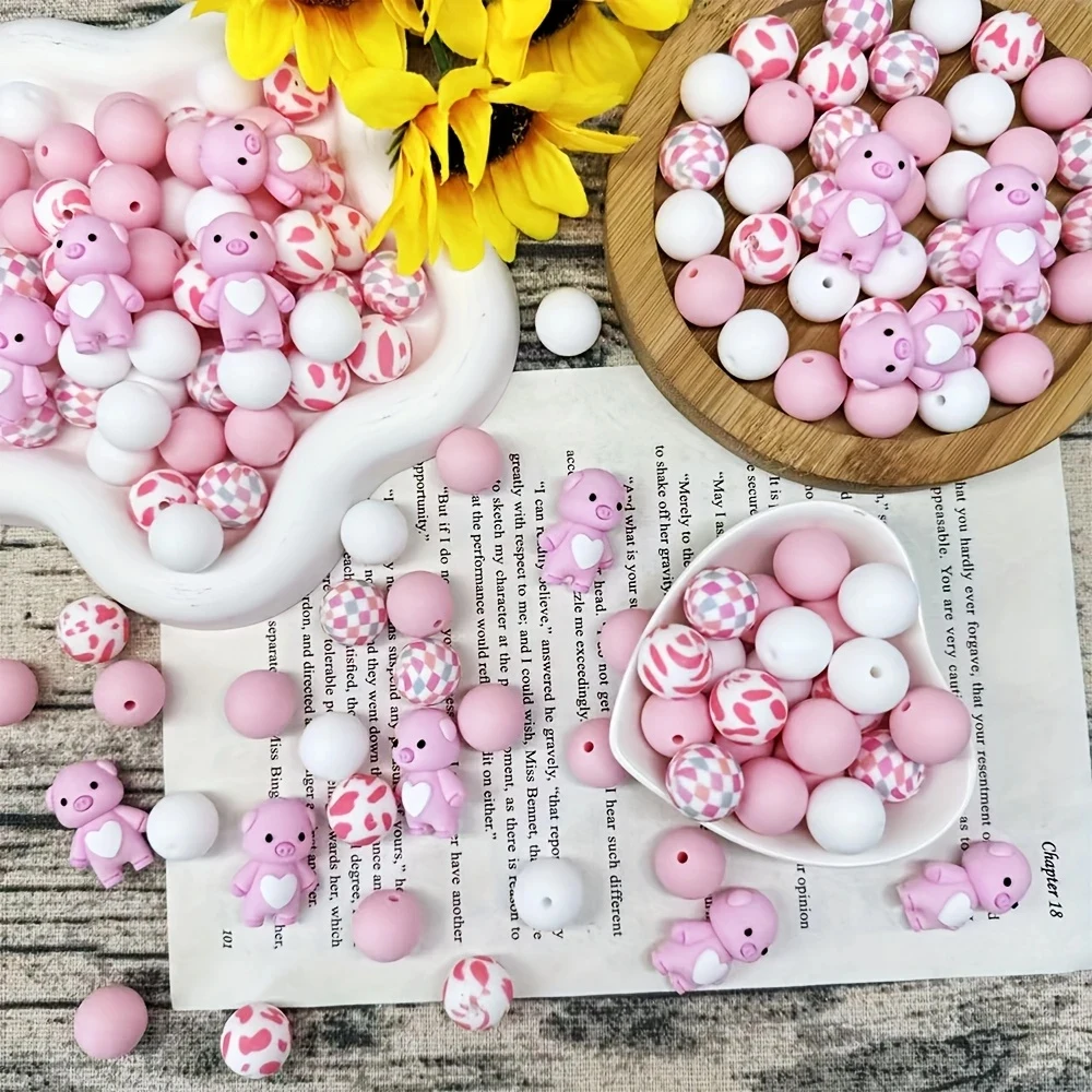 25-teiliges Silikonperlen-Set mit Schweinchen/Tiermotiven, perfekt für DIY-Bastelarbeiten wie Schlüsselanhänger, Halsketten, Armbänder usw. – Detail 5