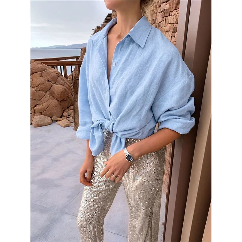 

AG-Women Long Sleeve Beach Shirt Blouses Bathing Suit Cover Up Button Down Collar