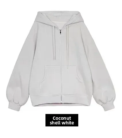 冬の女性用ヘビーウェイトフーディーココナッツシェルホワイトレイジーカジュアルカーディガン長袖厚手コットンフード付きスウェットシャツ