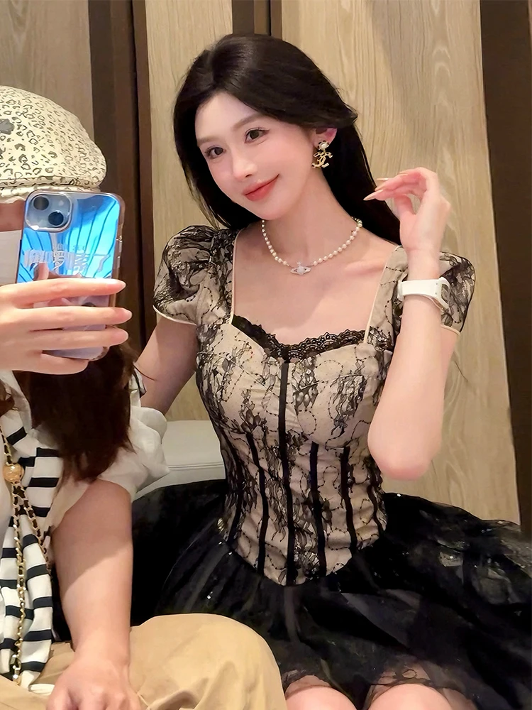 

Princess Style Lace Splice Summer Dress Short Sleeve A-Line Puffy Skirt High Waist Design Polyester Fabric Sweet Style Dress