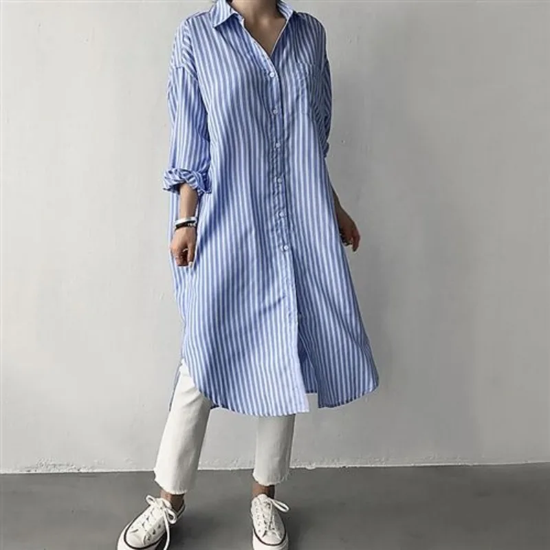 

Women's New Style Spliced lapel Buttons Fashionable Mid-length Striped Loose Long-sleeved Shirt Skirt