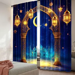2Pcs Curtain Islamic Traditional Lanterns Backdrop Golden Dome Profile Moon Stars Decor For Living Room Bedroom