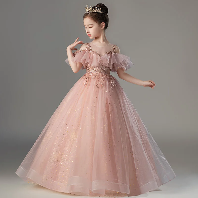 Flower Girl Wedding Banquet Long Dress For Kids Elegant Puffy Appliques Lace Birthday Party Dresses Pageant Gown Formal Vestidos