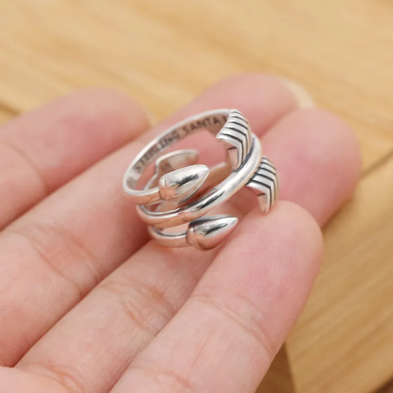 S925 Sterling Silver Ring Simple and Fashionable Retro Thai Silver Double Arrow Five Point Star Open Ring for Men and Women's Eu