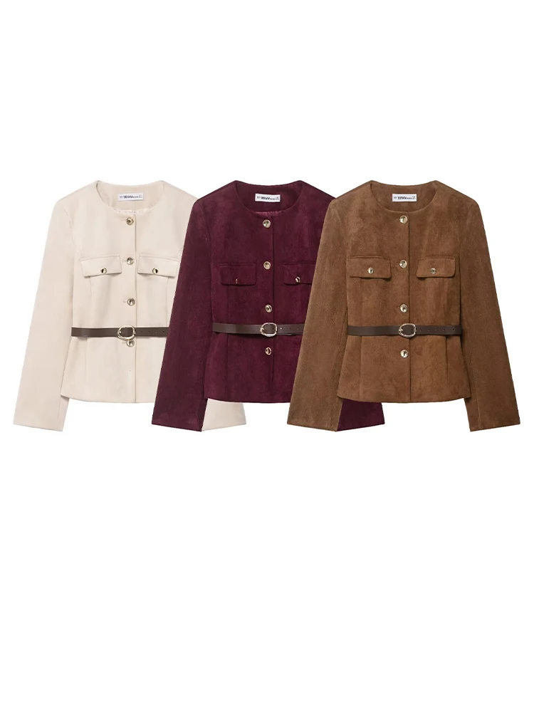 

HH 2025 осенний женский ремень с искусственными карманами и пуговицами, однотонные короткие куртки, женские элегантные уличные пальто с круглым вырезом и длинными рукавами