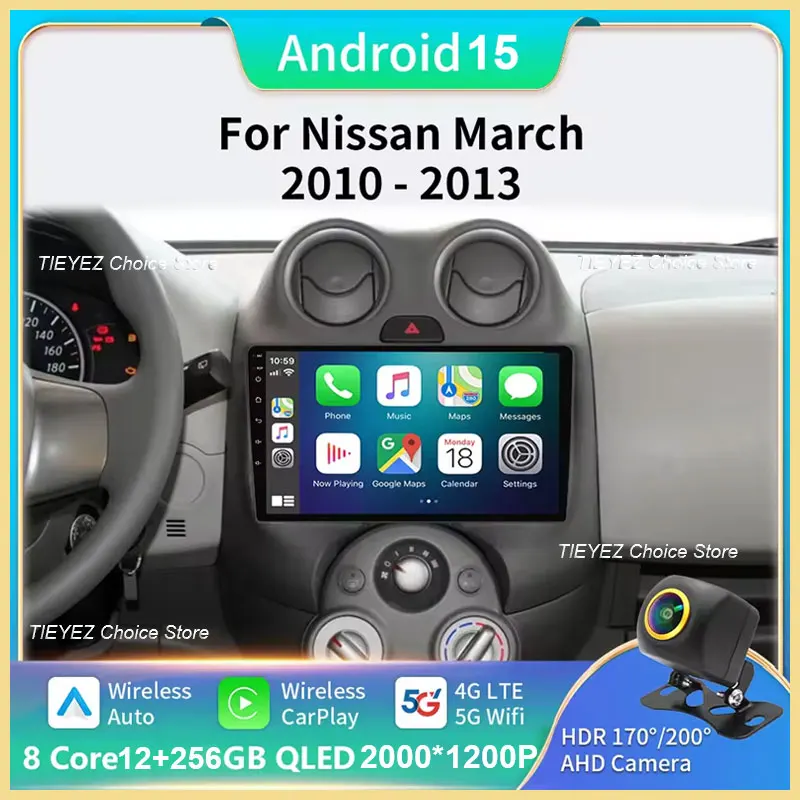 Radio de coche para Nissan March MICRA 2010 - 2013 android 15 reproductor multimedia de Audio y vídeo navegación GPS 4G BT Carplay Auto