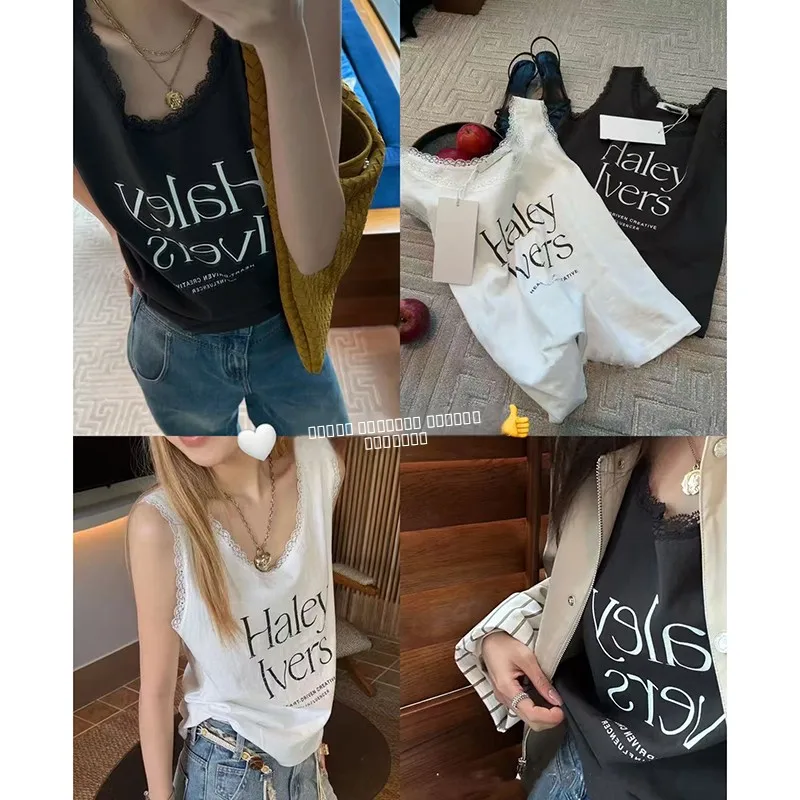 동다 여름 신상 레터 프린트 레이스 스플라이싱 슬림 스트랩 베스트 여성 패셔너블 다용도 레이스 트림 코르셋 탑