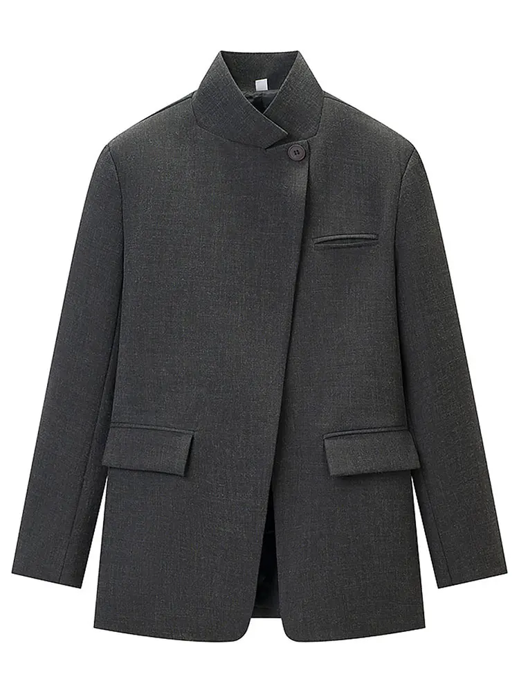 HH Women Casual Asymmetrical Dark Grey Blazer One Button Long Sleeve Jacket Coats 2026 Trend Vintage Solid Office Blazers