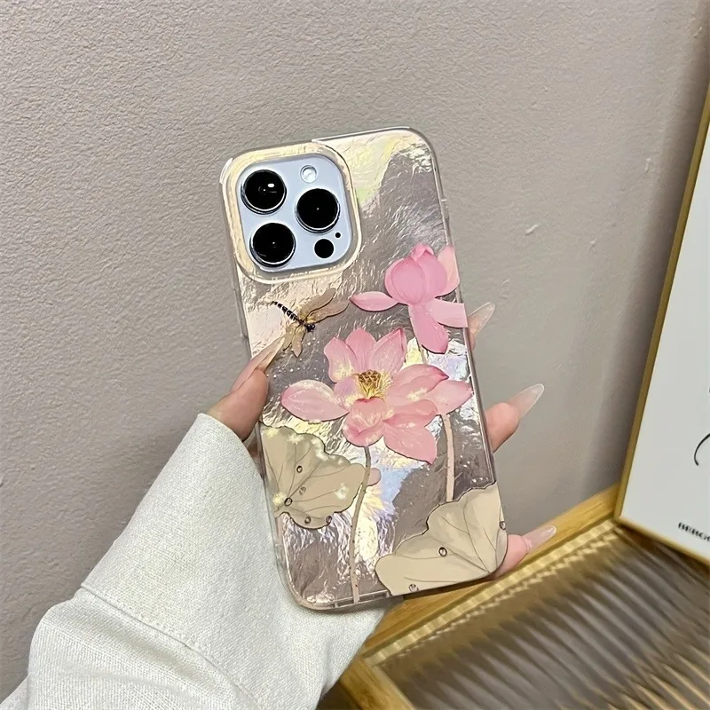Lotus Dragonfly Phone Case For iPhone 16 15 14 13 12 11 Mini Pro Max X XR XSMax 7 8 Plus Glacier Pattern Shockproof Soft Cover
