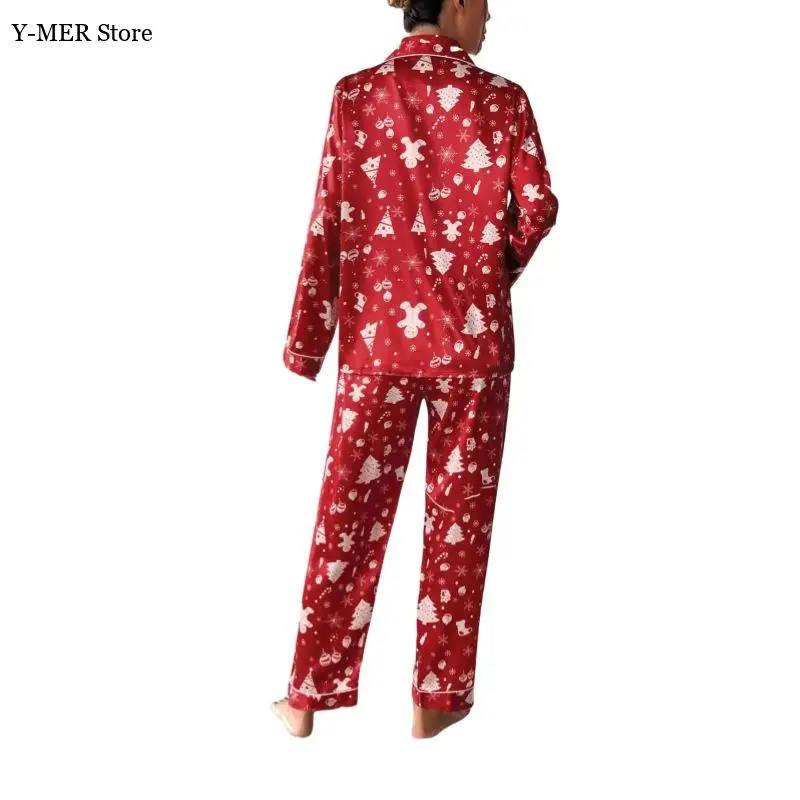 2025 Autunno Nuovo Pigiama Vestito Delle Donne di Stampa Elementi Di Natale Degli Indumenti Da Notte Camicia Allentata Pantaloni 2 Pigiama di Seta del Ghiaccio Femme Loungewear