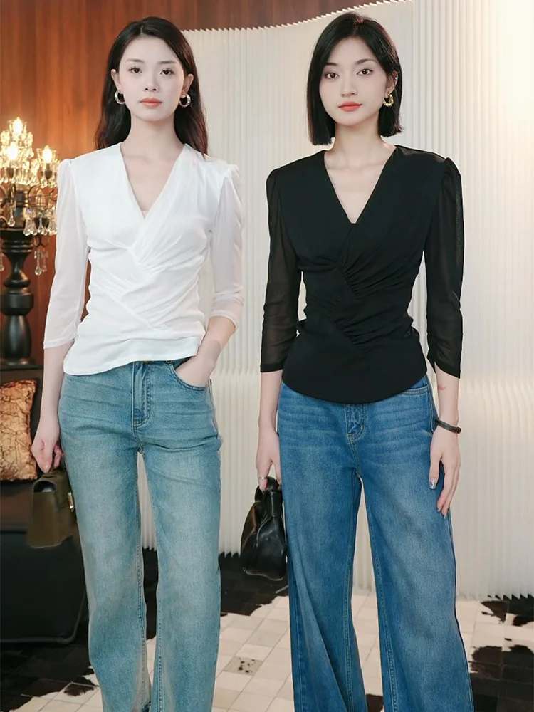 

Ele Wind Home Tightened V-Ne Spider Web Net irt Women's Slim Fit T-irt Nylon Fabric Summer Thin Five-Quarter Sve