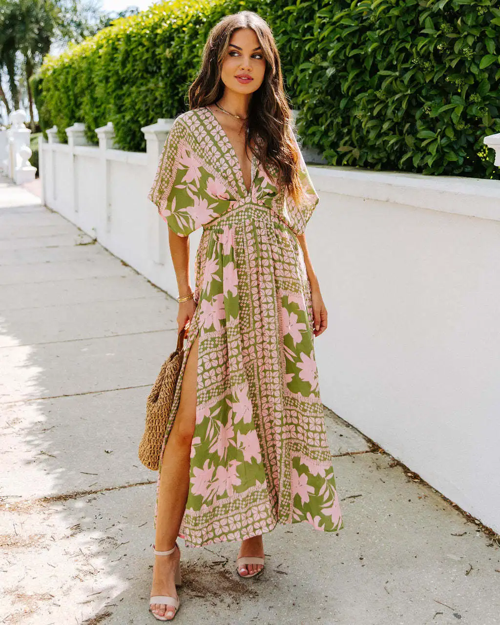 Casual Urlaub Stil Gedruckt Kleid Für Frauen Sexy Tiefem V-ausschnitt Fledermaus Ärmeln Hohe Taille Schlitz Lange Kleider Mode Strand Robe