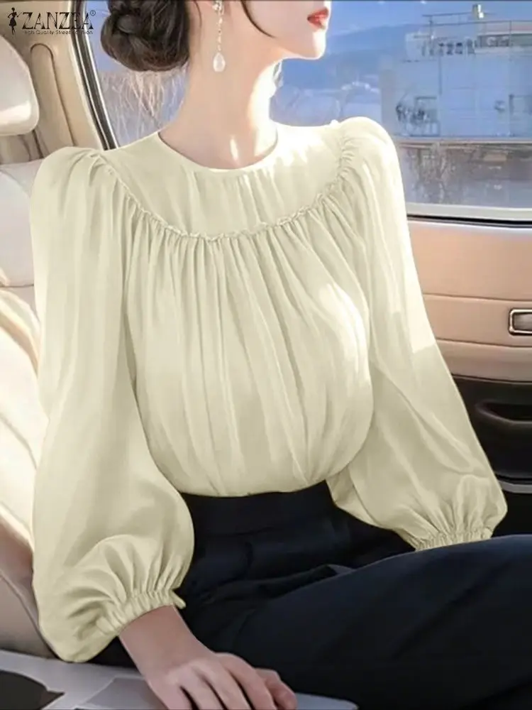 ZANZEA Camicie moda Donna Manica lanterna Camicette solide Manica lunga Increspato Autunno Top Chiffon Elegante Ufficio Casual Blusas