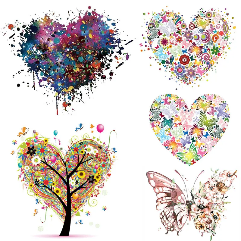 Clothes Stickers Color Love Heart Patches Iron on Tranfers for Clothing Thermoadhesive Patch Flower Tree Butterfly Patch Badges