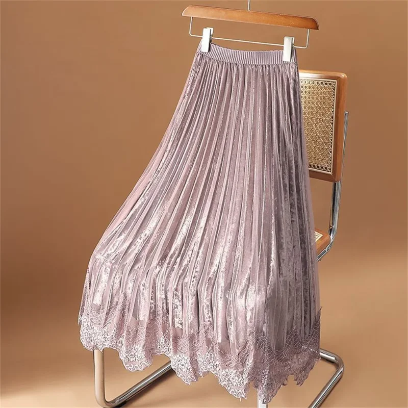 

Модная плиссированная юбка миди из сетки и кружева с эластичной талией, винтажная женская юбка из золотистого бархата, коллекция Весна-Лето 2026