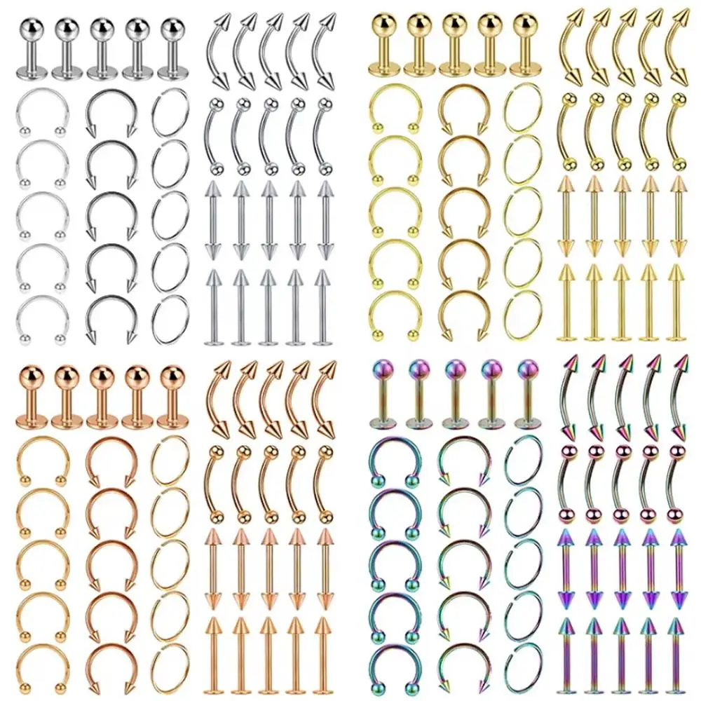 5/40PCS Set Surgical Steel Body Piercing Jewelry Lot Bulk Nose Ring Tongue Bar Lot Eyebrow Labret Piercing Set Horseshoe Ring