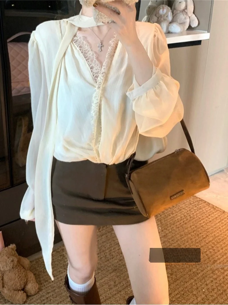 

Элегантный женский топ с V-образным вырезом, плиссированный, из шифона, с длинным рукавом, во французском стиле, модный, весна 2026, новинка