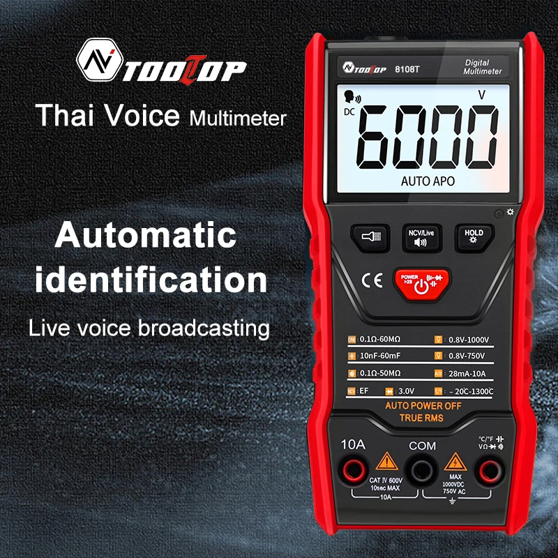 TOOLTOP True RMS Thai Voice multimetro digitale Auto Range AC/DC misuratore di tensione di corrente NCV capacità Ohm Tester amperometro