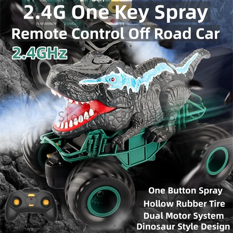 2.4G One Key Spray Remote Control Off Road Car Dinosaur Style Design Hollow Rubber Tire Dual Motor System RC Car Kids Toy Gift