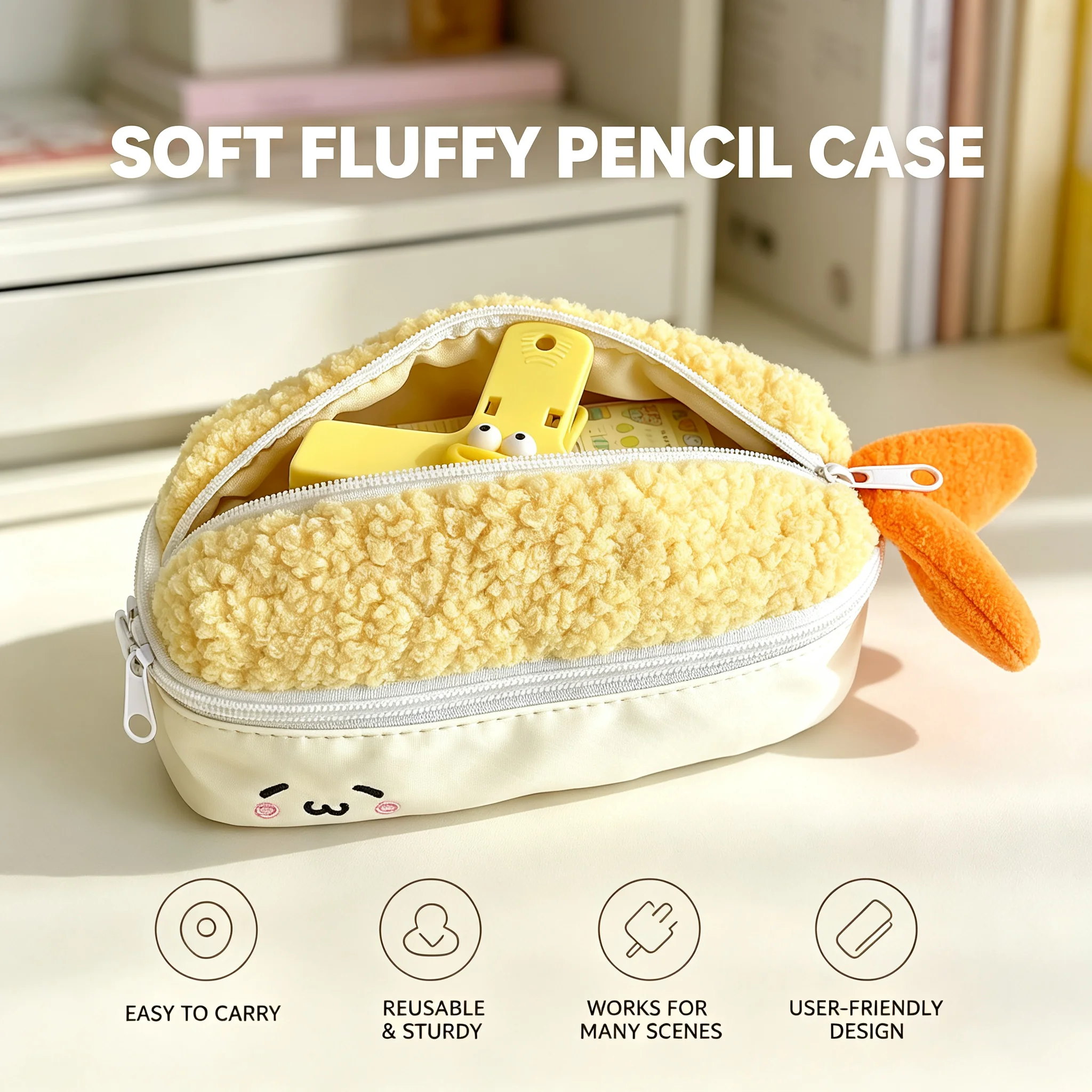 Embroidery Love - Kawaii Fried Shrimp Plush Pencil Case