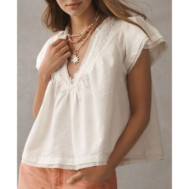 

Women Summer Chic Loose Causal Blouse Smocked V Neck Layered Short Cap Sleeve Plaid/Striped/Solid Babydoll Shirt Tops