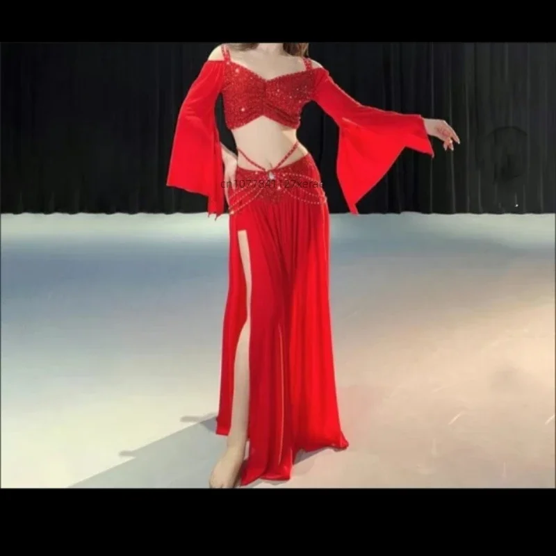 Nouveaux Costumes de danse du ventre, uniformes de classe de danse d'entraînement en maille pailletée, ensembles de danse du ventre haut et jupe, jupes à Double fente