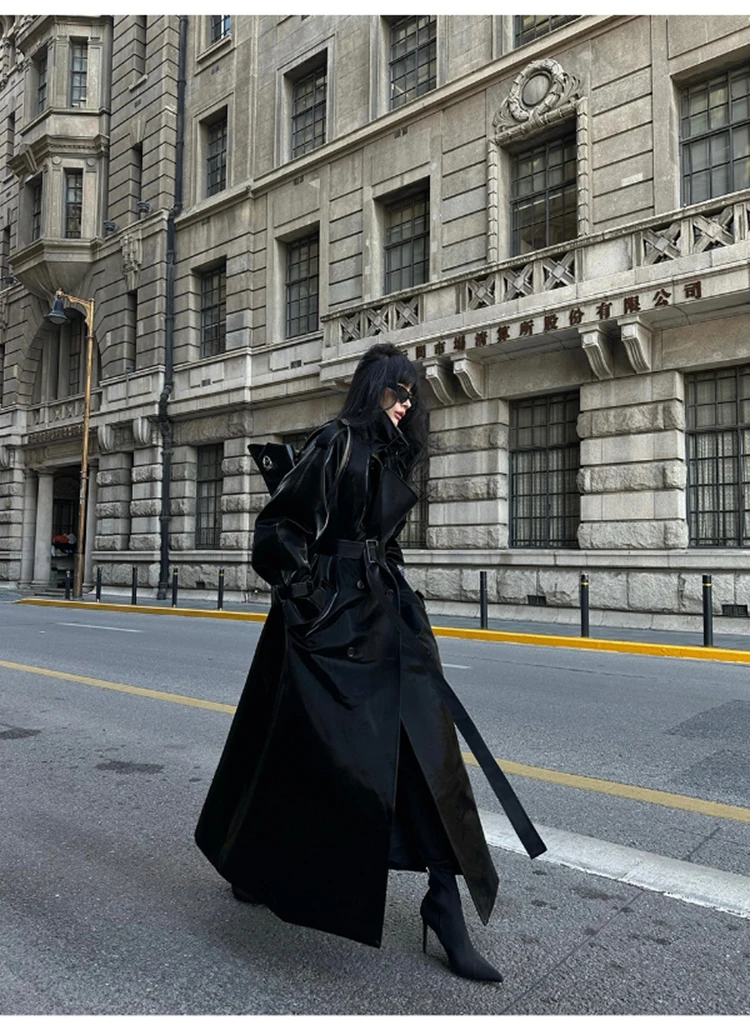 Lautaro Spring Autumn Extra Long Oversized Cool Reflective Shiny Black Patent Leather Trench Coat for Women Belt Runway Fashion