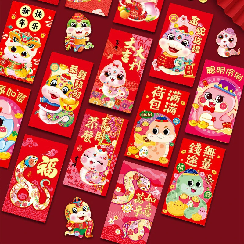 春祭り用の赤い封筒,ヘビの年,マネーバッグ,祝福のポケット,中国の新年の装飾,かわいい,6個,2025