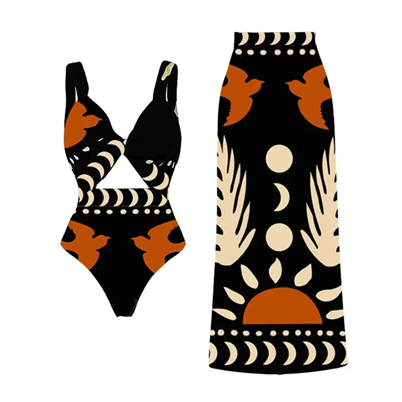 One Piece Swimsuit Women Print Pattern Bodysuit Low Cut Backless Bathing Suit Beach Wrap Skirt Summer 2026 New Swimwear