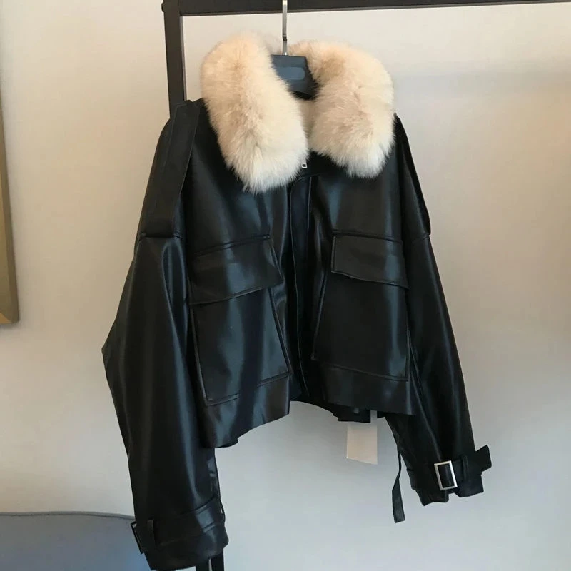 New Chic Autumn Winter Detachable Faux Mink Fur Collar PU Bomber Jacket Plus Velvet Thick Trench Coat Faux Leather Zipper Jacket